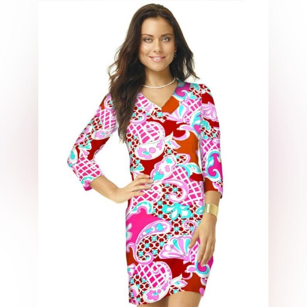 BARBARA GERWIT Nylon Spandex Dress V-Neck Style 220D62 Poppy/Pink Large